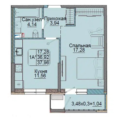 Планировка: 1-комн. квартира 37.96 м² в новостройке Репин-Парк