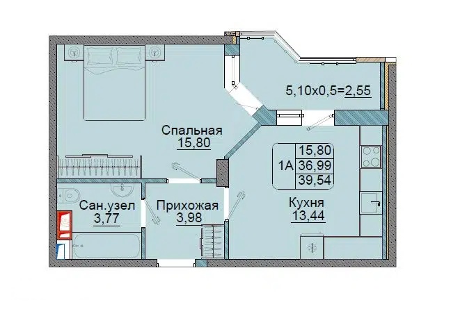 Планировка: 1-комн. квартира 39.54 м² в новостройке Репин-Парк