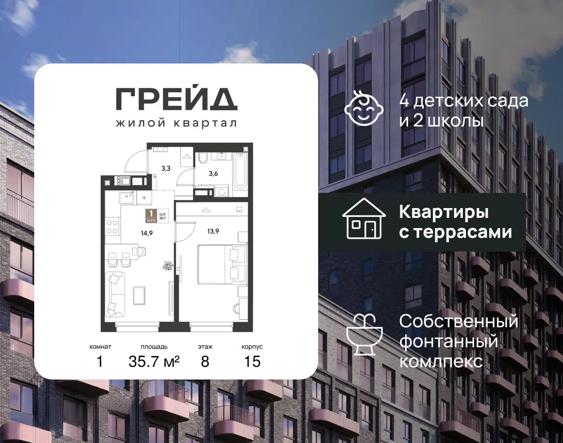 Планировка: 1-комнатная квартира 35.70 м² в новостройке Грейд