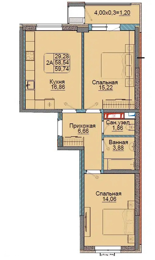 Планировка: 2-комн. квартира 59.74 м² в новостройке Репин-Парк